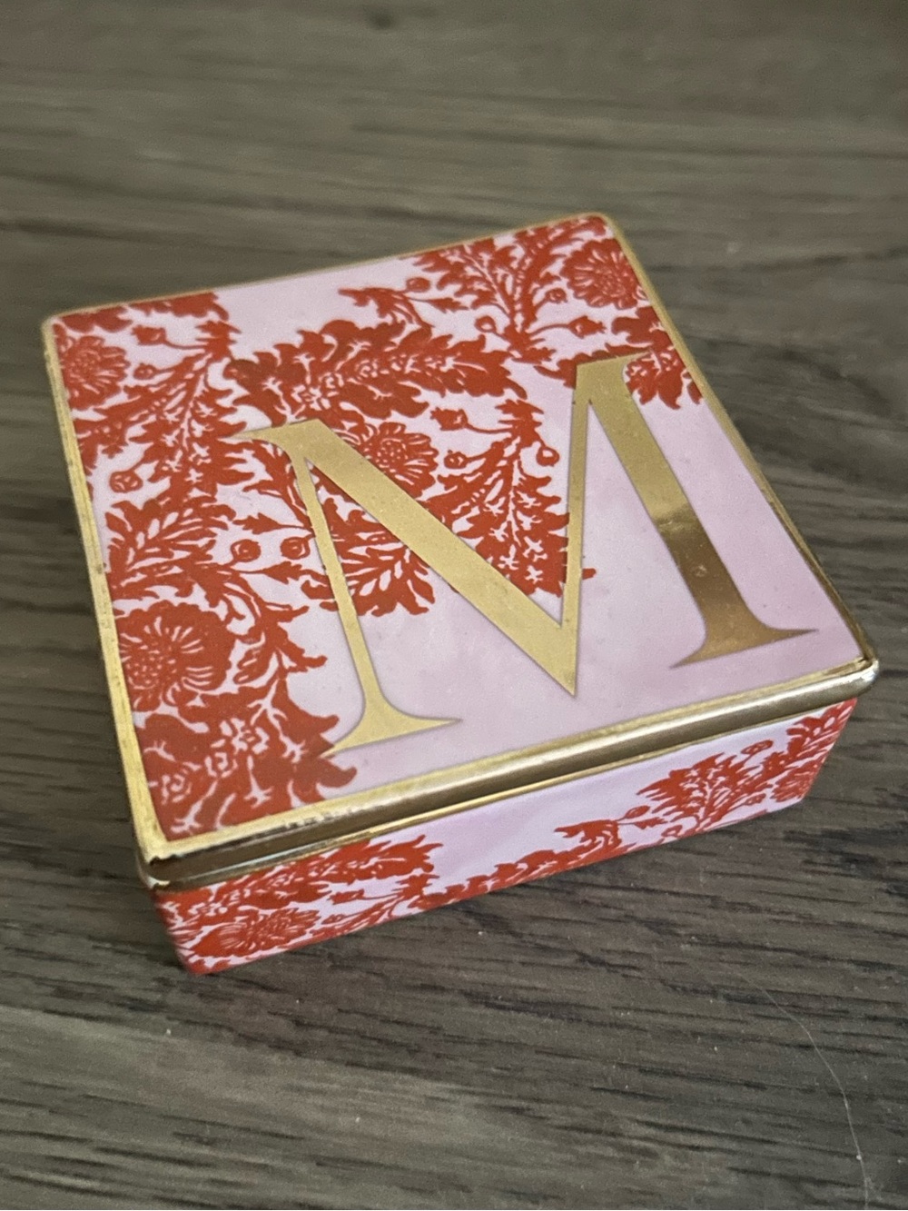 Anthropologie Jewelry Lidded Trinket Box Monogram Gold 'M' Stonewear Pink Red